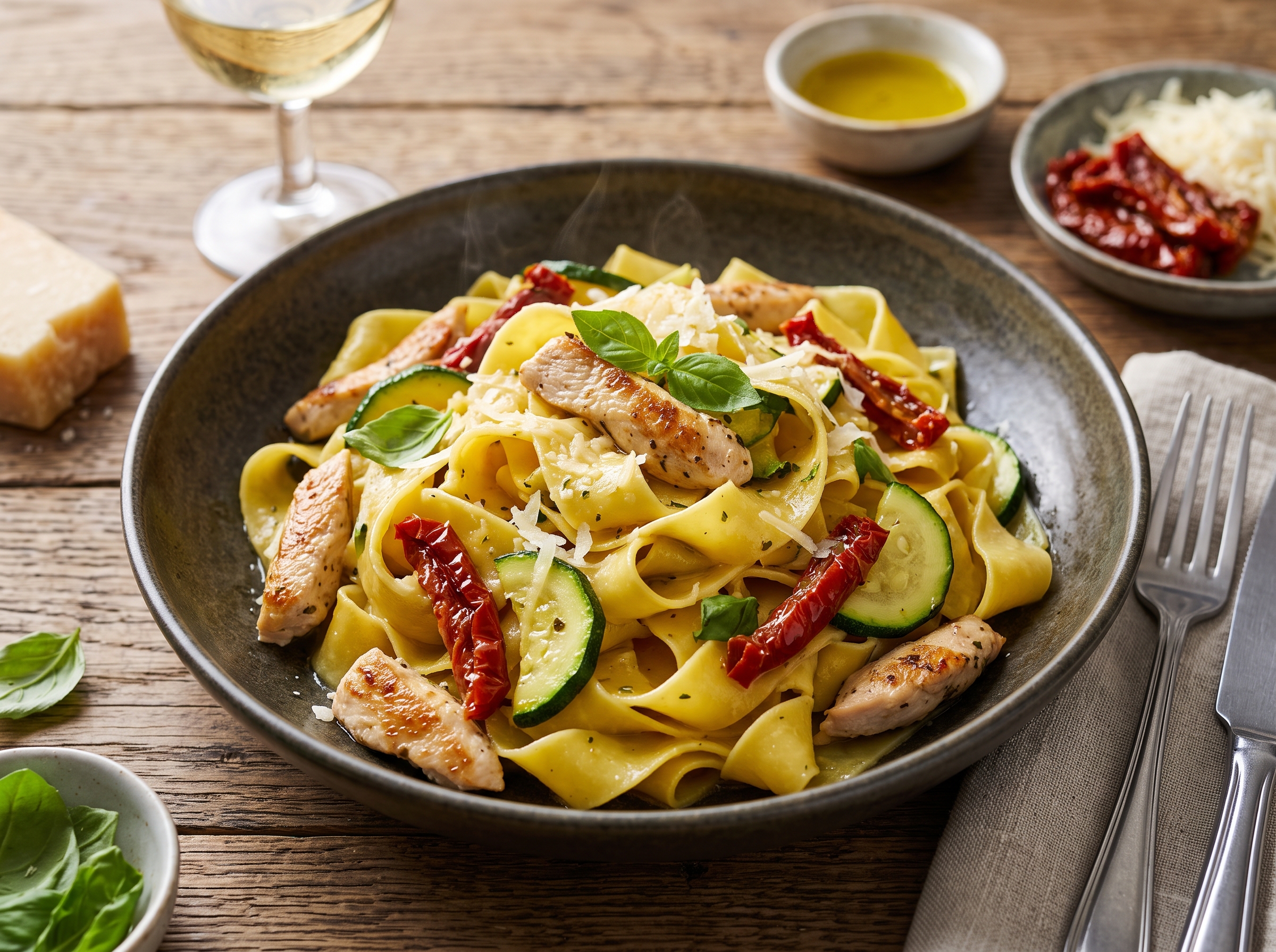 Pappardelle s kuřecím masem, cuketou a sušenými rajčaty